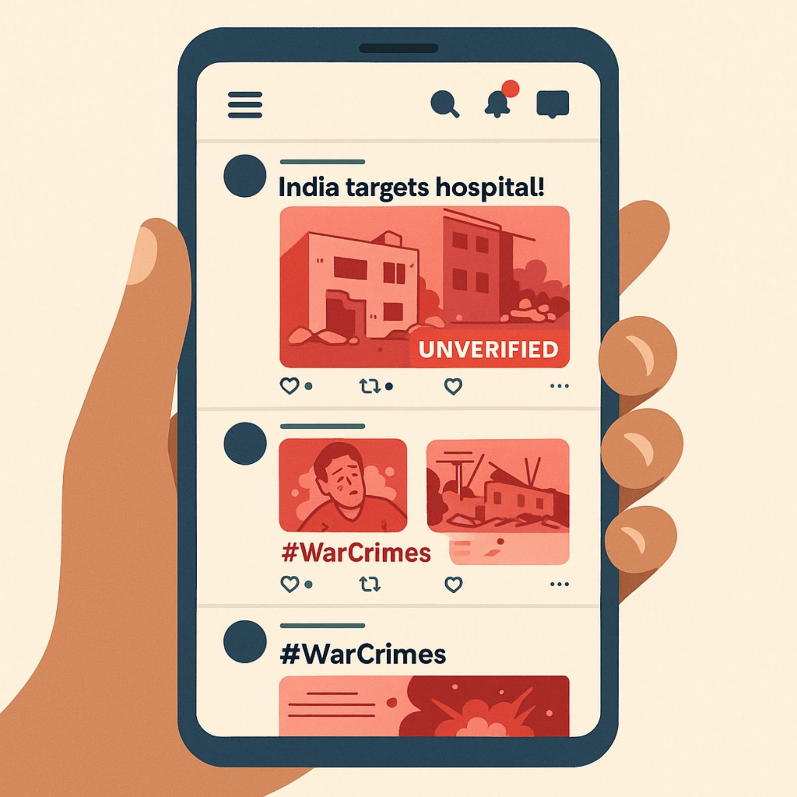 Smartphone showing fake social media post claiming India targets hospital marked Unverified