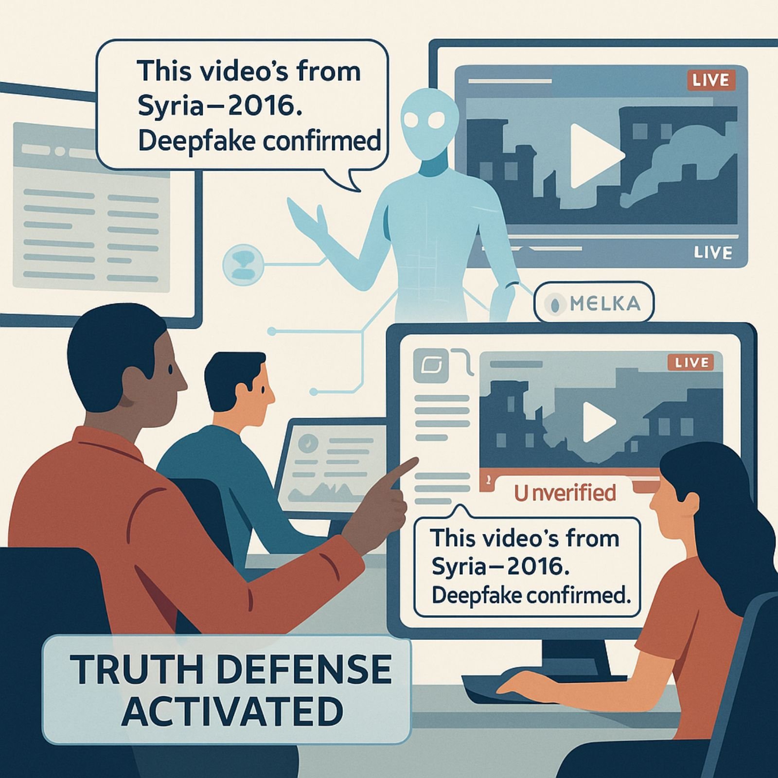 DAAVA and OSINT analysts reviewing deepfake content in a media war room