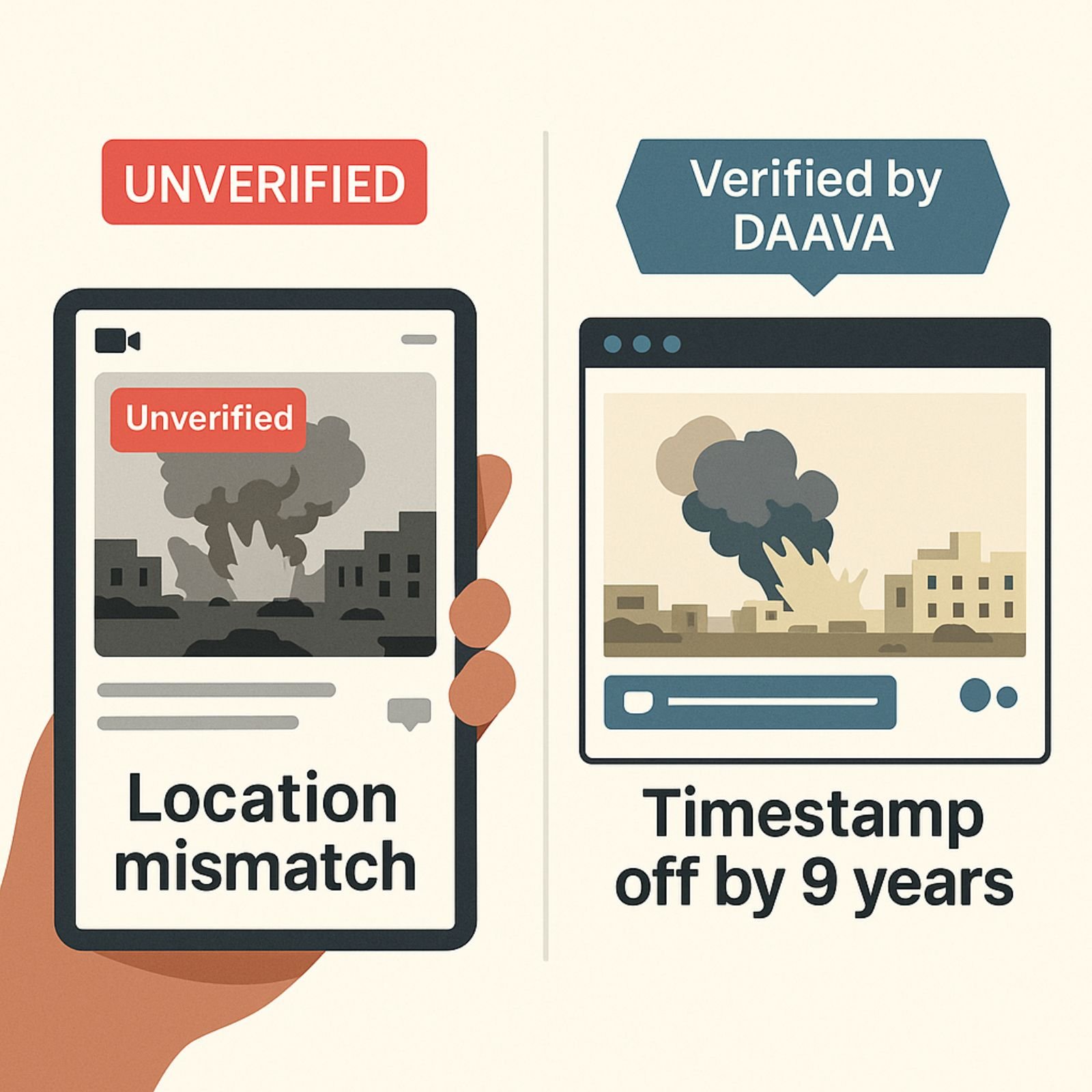 Split-screen showing fake bombing video vs. verified footage with timestamp mismatch