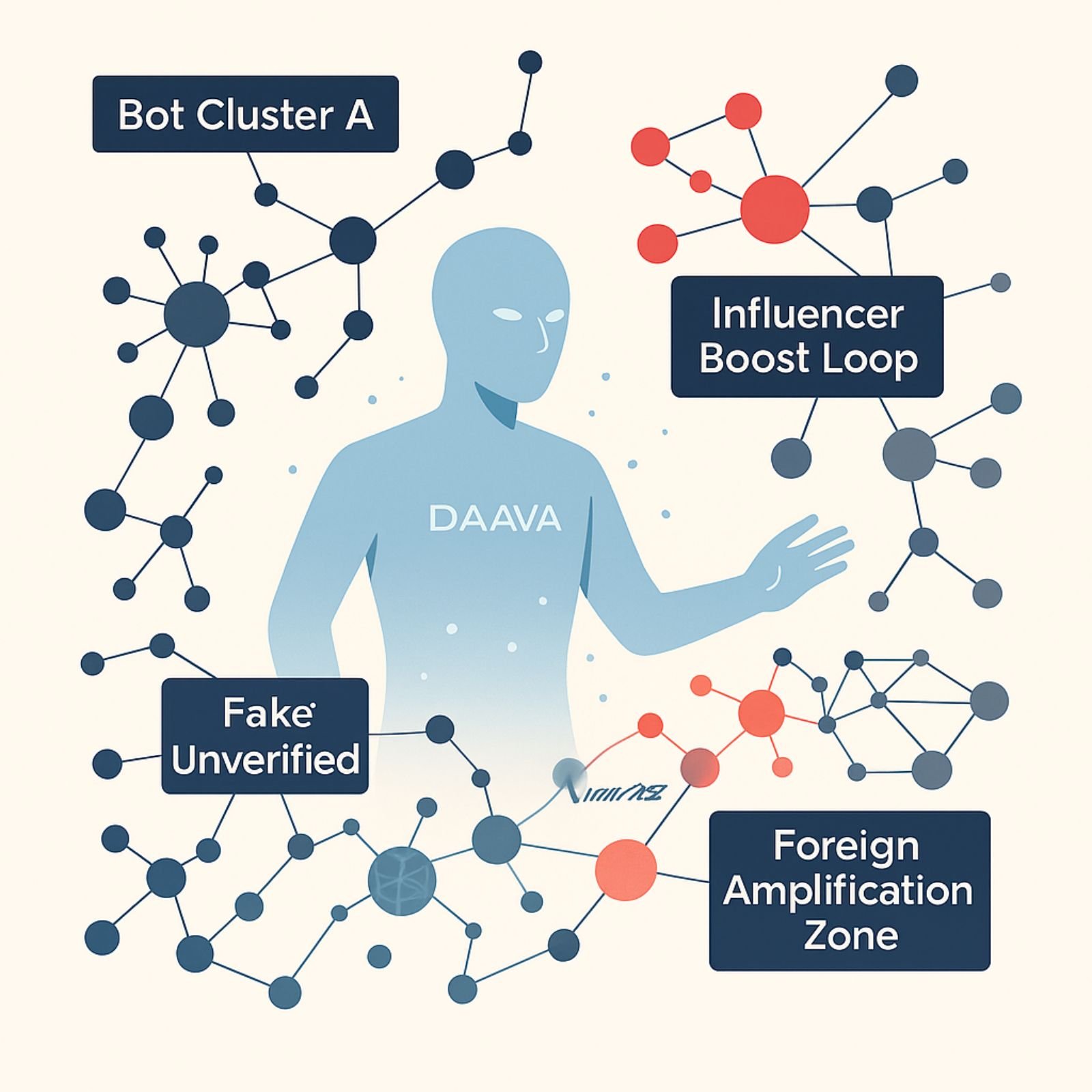 DAAVA mapping disinformation clusters as node-map labeled Bot Cluster A, Foreign Amplification Zone