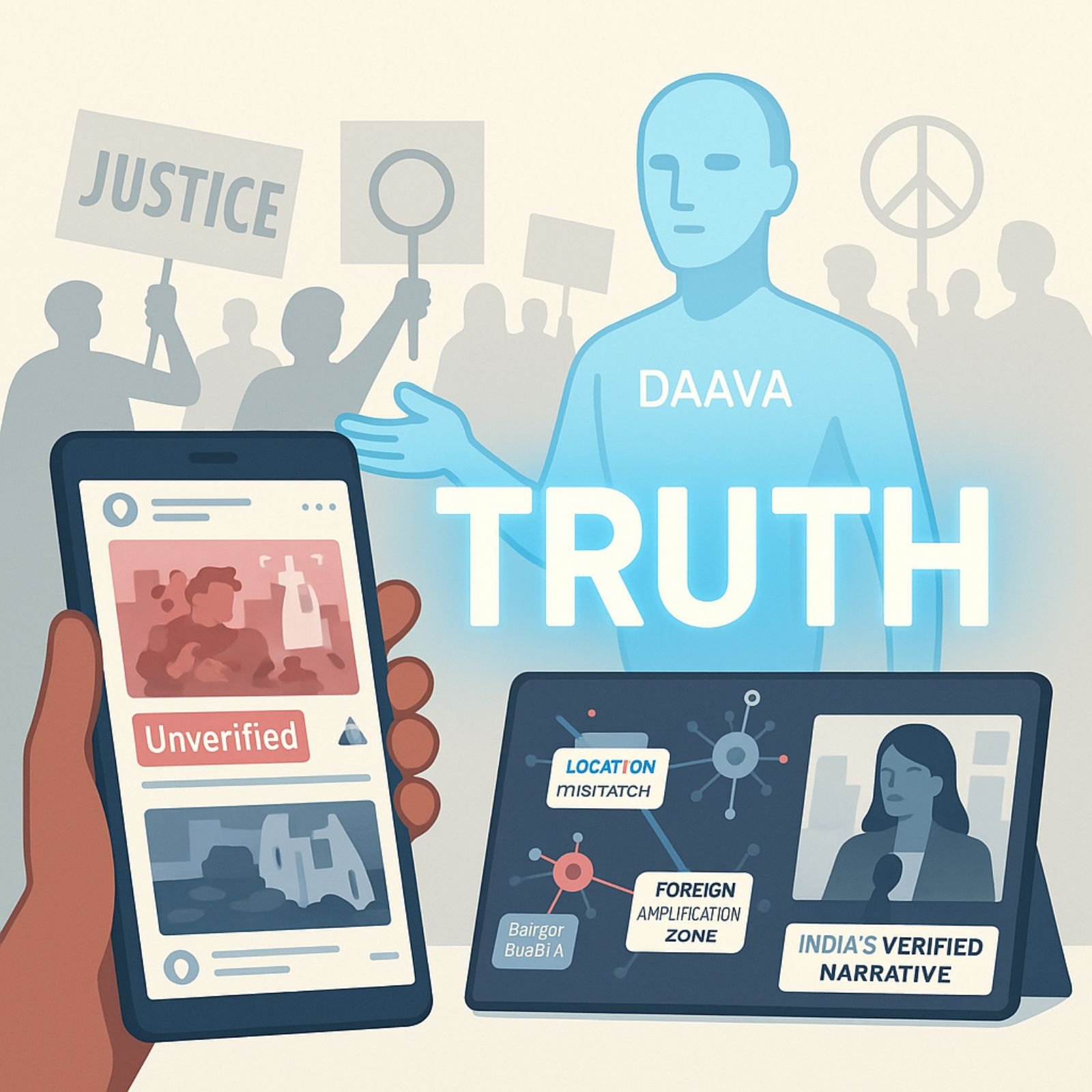 DAAVA glowing with the word TRUTH behind scenes of peace rallies and global media