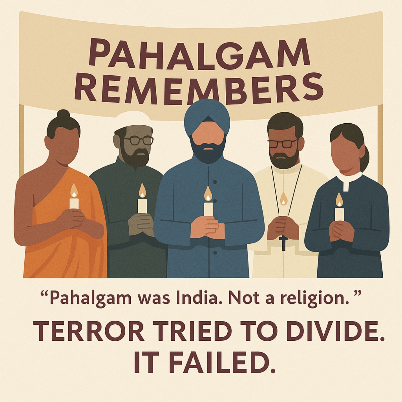 Silhouettes of religious leaders holding candles under a banner that reads ‘Pahalgam Remembers’
