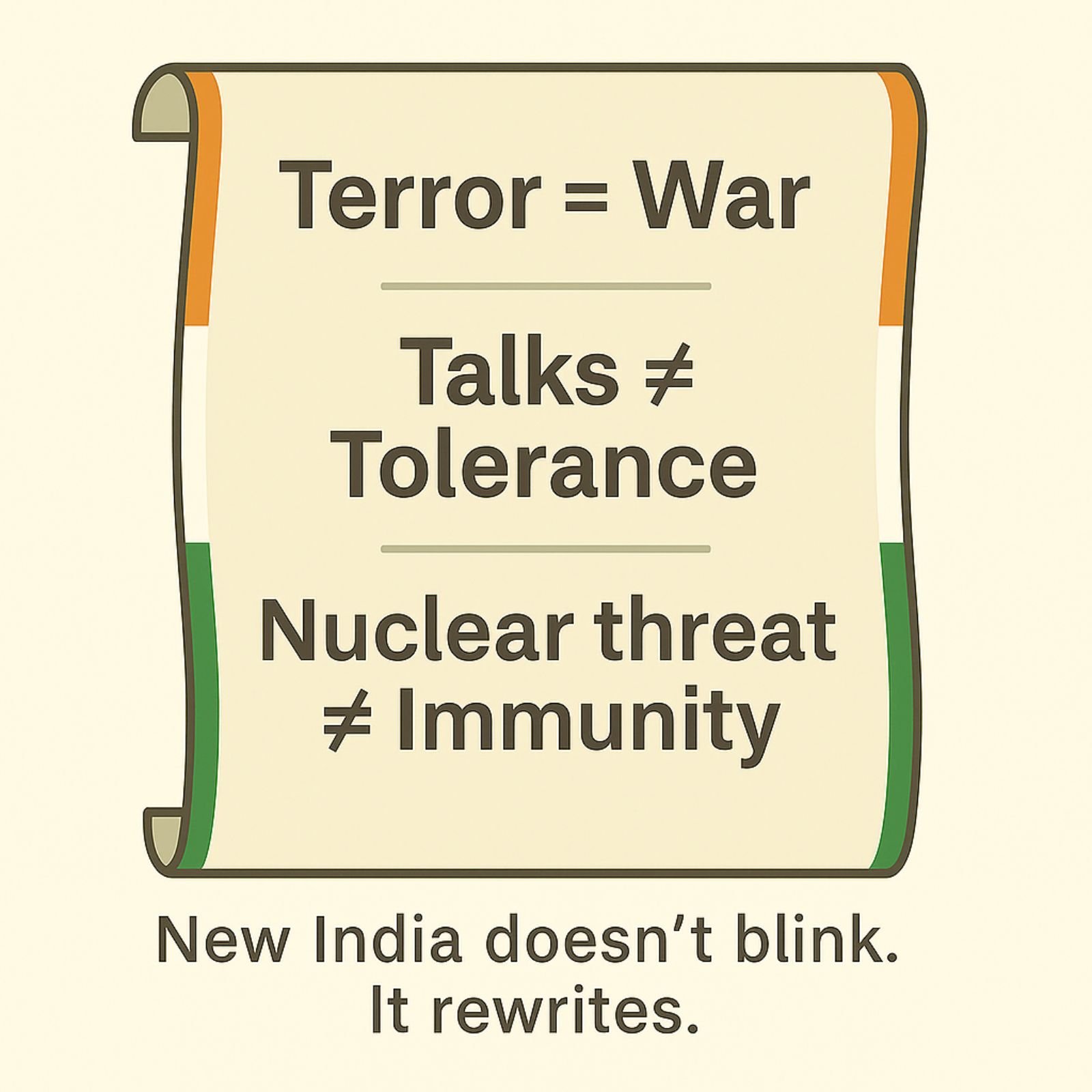 A scroll-like parchment displays India’s new deterrence doctrines in bold with a tricolor border