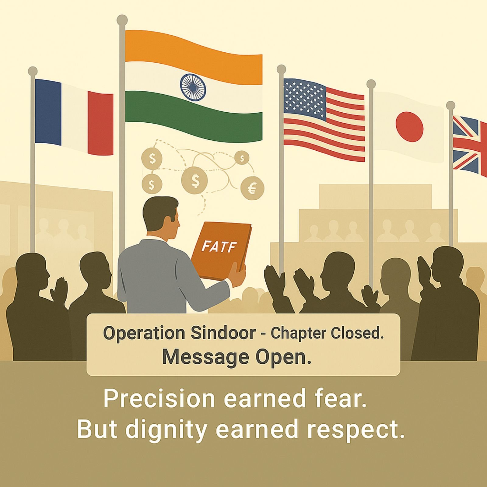 India’s flag rises beside global flags at a summit as delegates applaud in silhouette