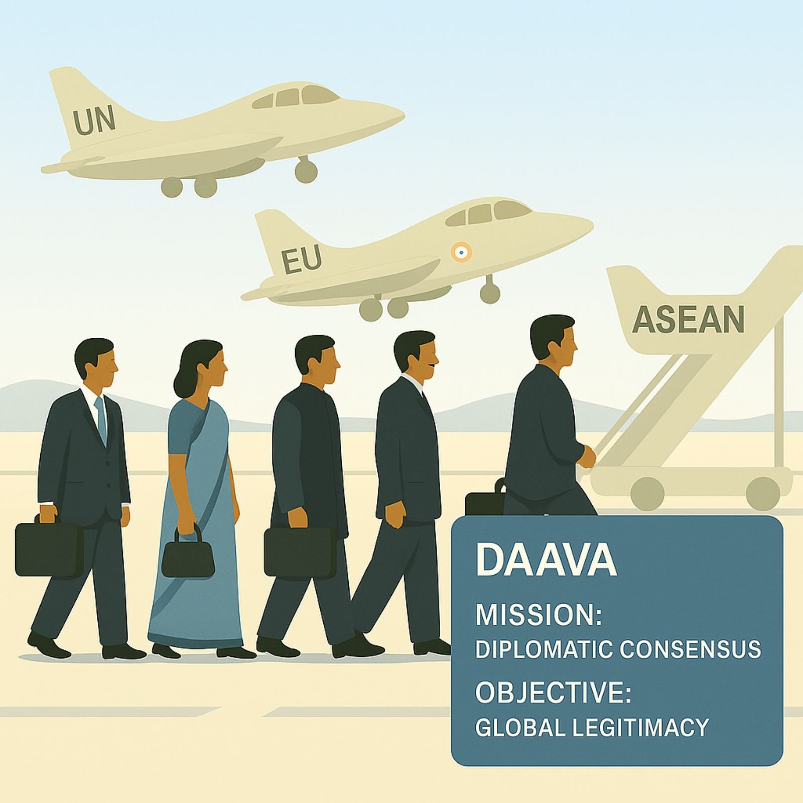 Indian diplomats board planes marked UN, EU, ASEAN on a diplomatic mission