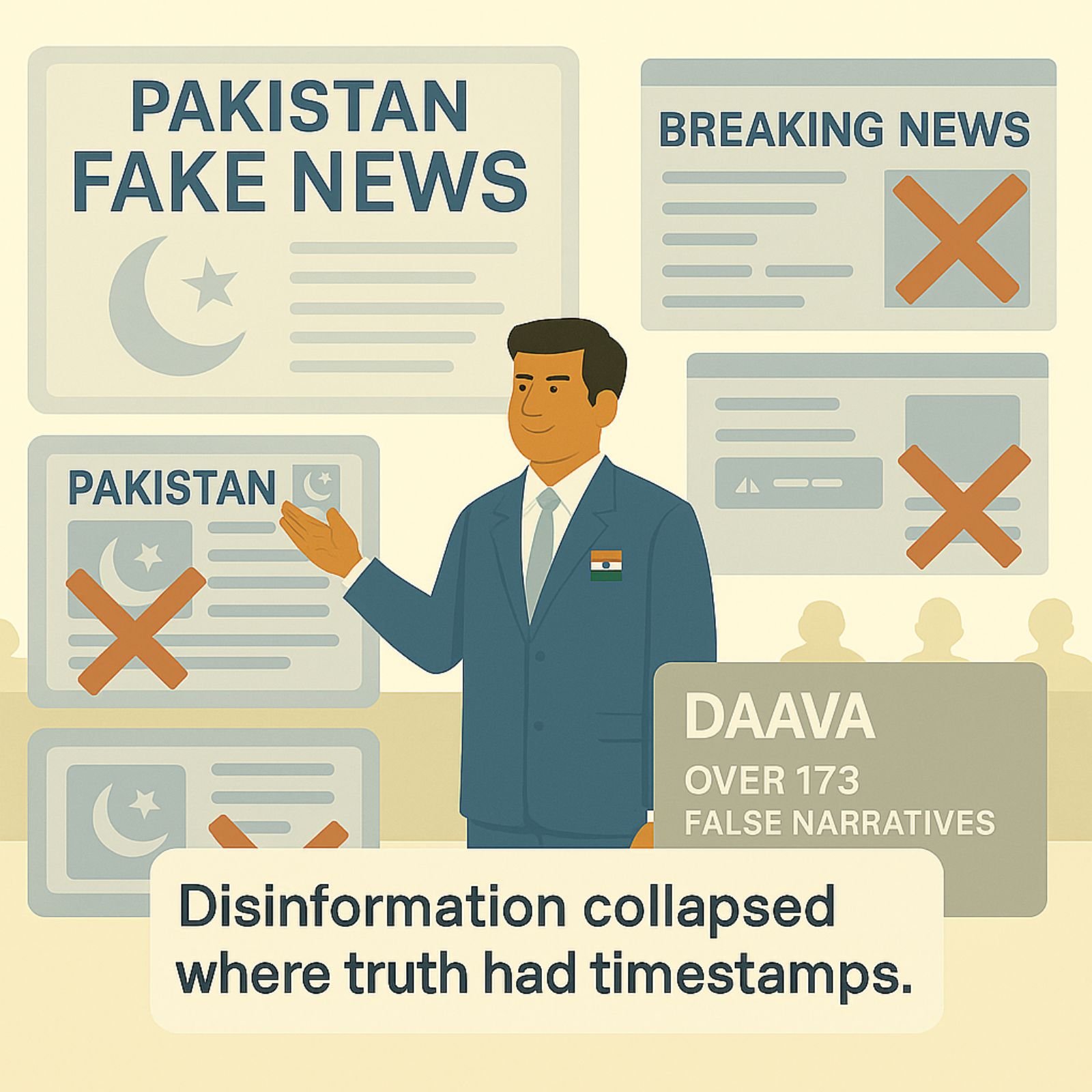 Screens display fake news flagged and removed with DAAVA overlay