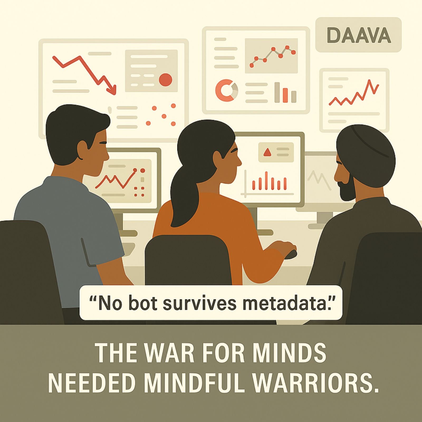 Indian youth volunteers monitor metadata and bot behavior on multi-screens