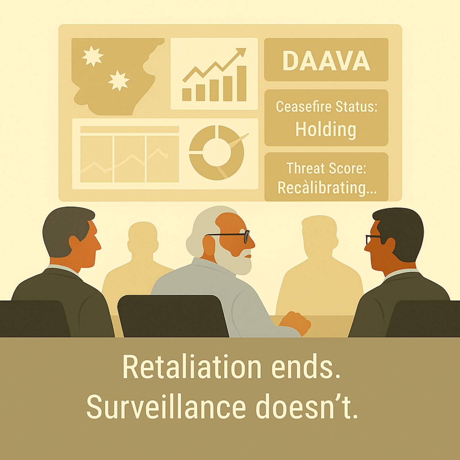 India’s top officials analyzing holographic dashboard with DAAVA displaying ceasefire and threat scores