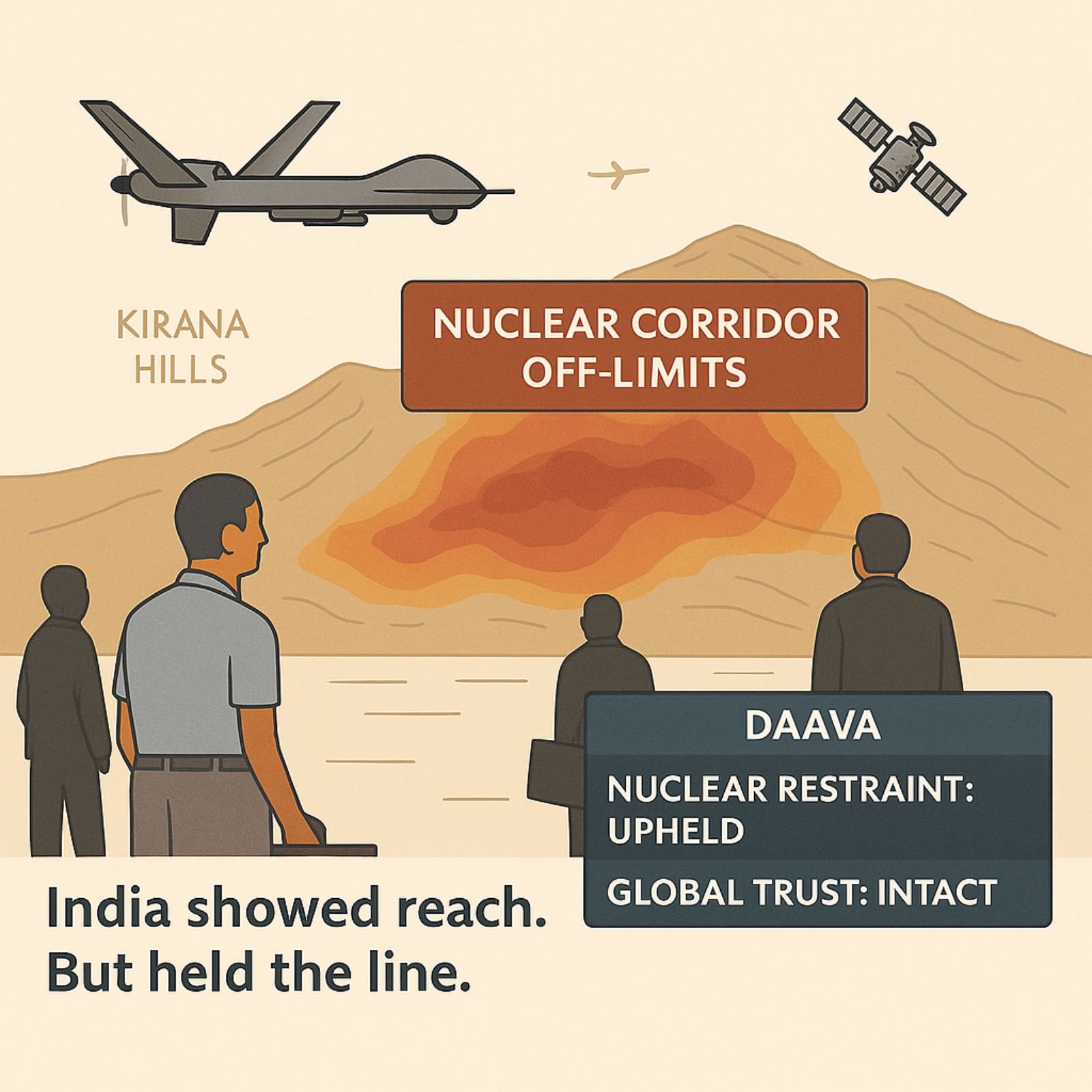 A digital heatmap of Kirana Hills with surveillance drones and nuclear zone marked OFF-LIMITS