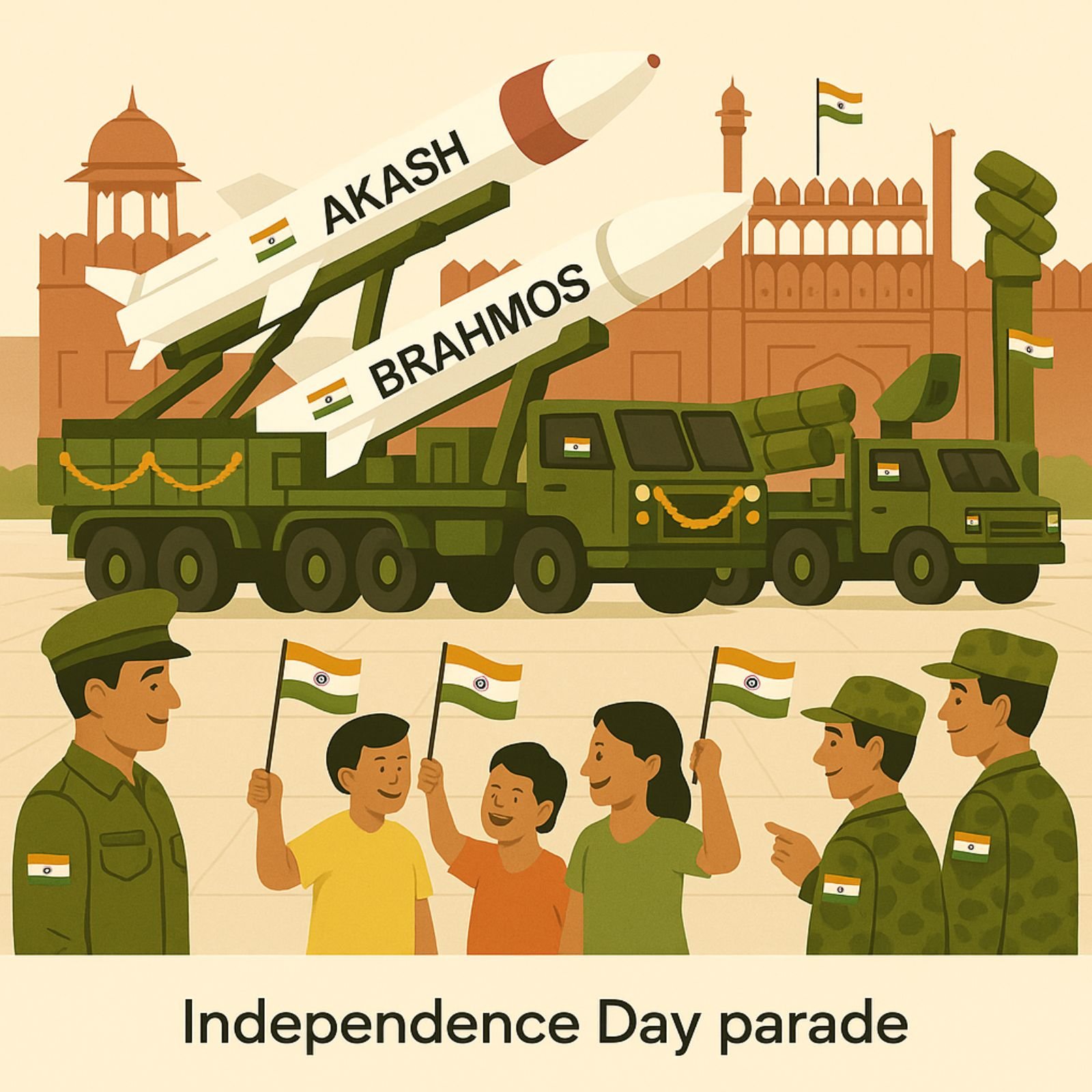 Akash and BrahMos missiles roll through parade as children wave flags