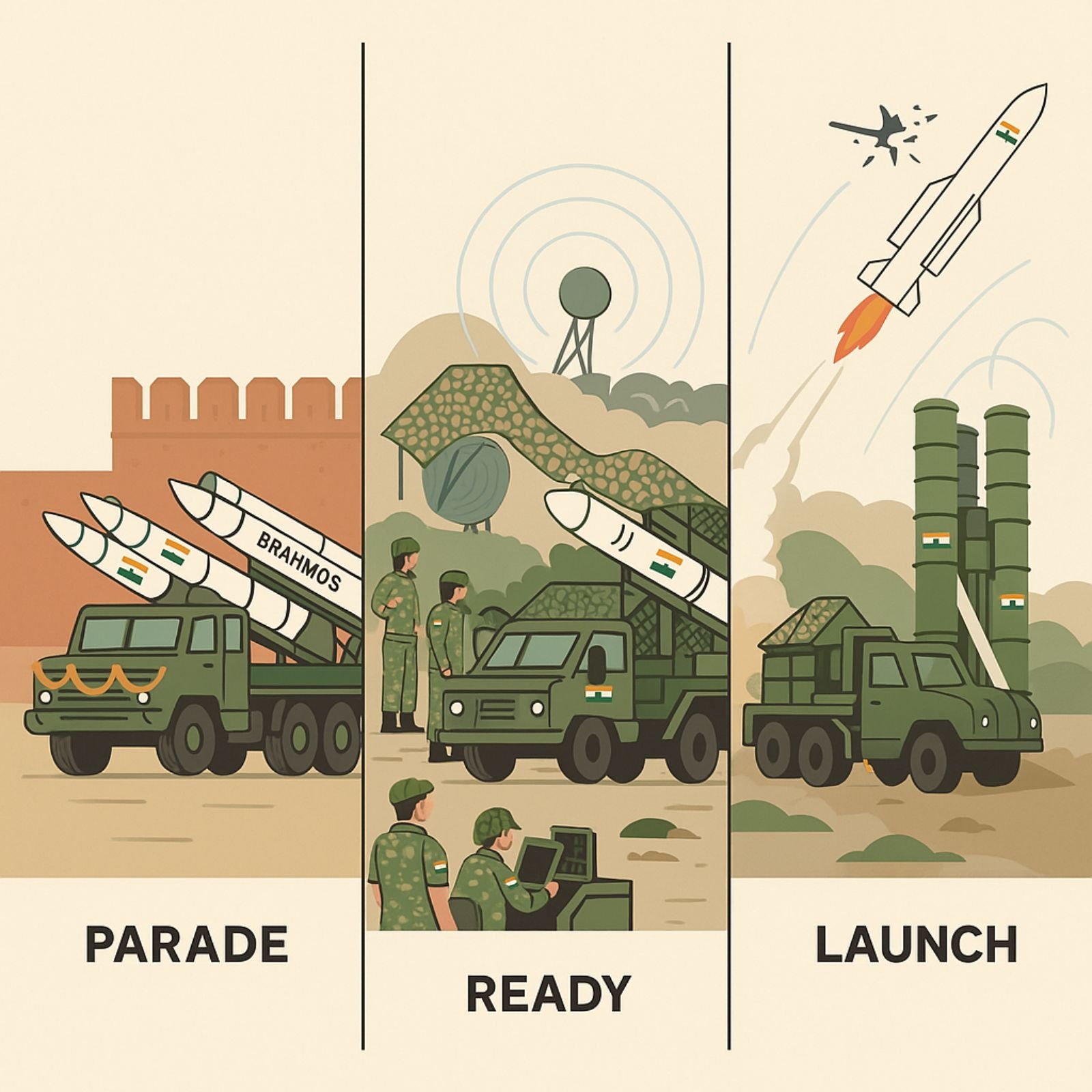Split panel showing missile system in parade and in battlefield