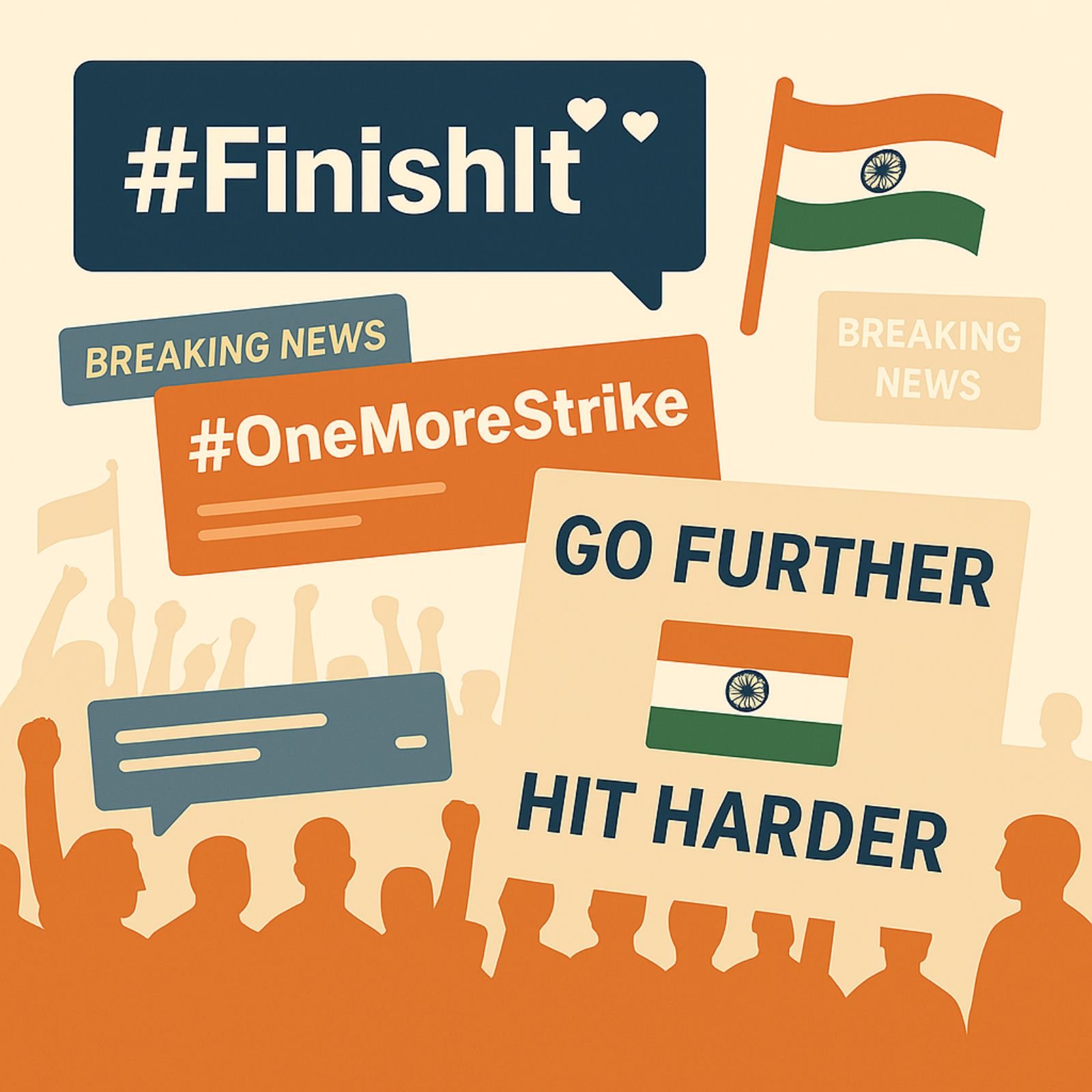 Indian social feeds and news show nationalistic slogans #FinishIt and #OneMoreStrike