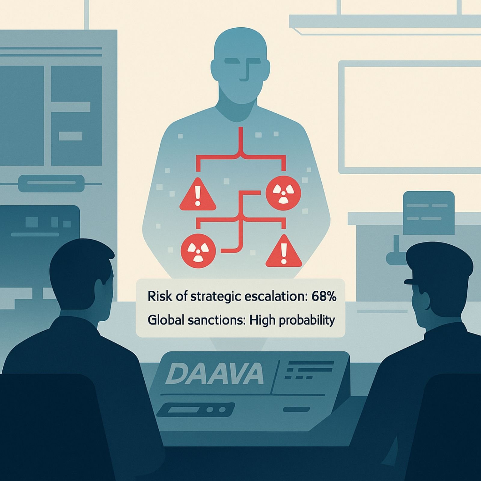 DAAVA simulation shows escalation path with nuclear risk and sanctions
