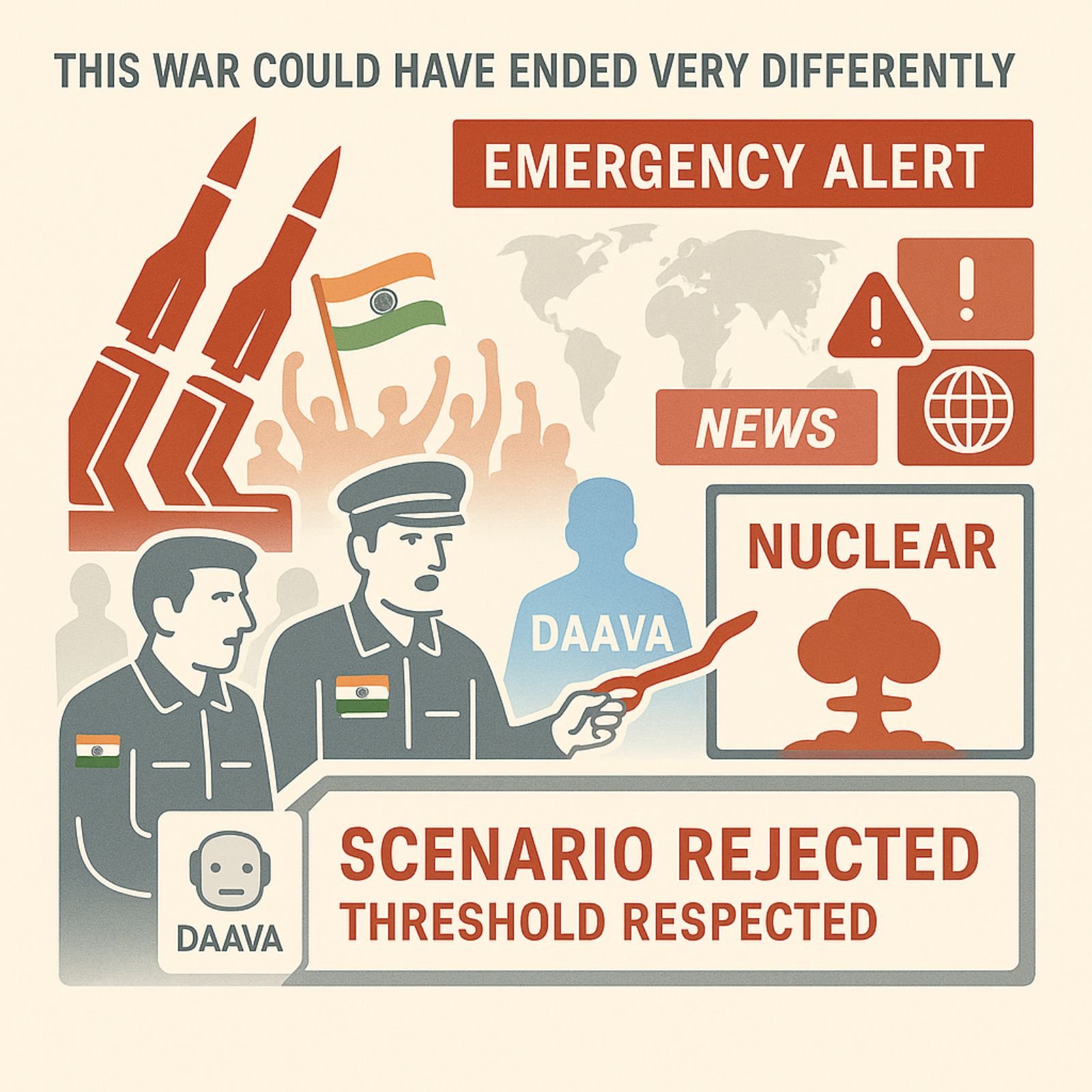 Emergency alerts and nuclear imagery representing escalation not chosen