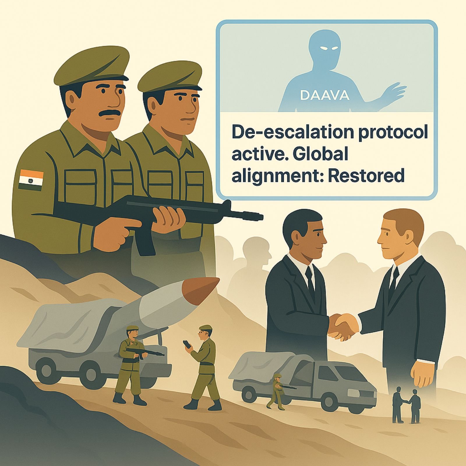 Indian soldiers hold position and diplomats shake hands during de-escalation