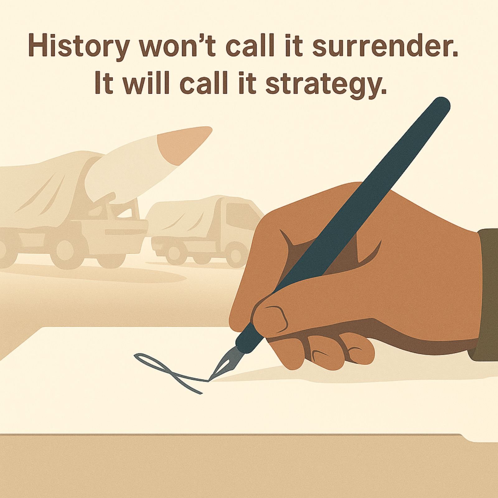 Close-up of hand signing treaty with missiles blurred in background