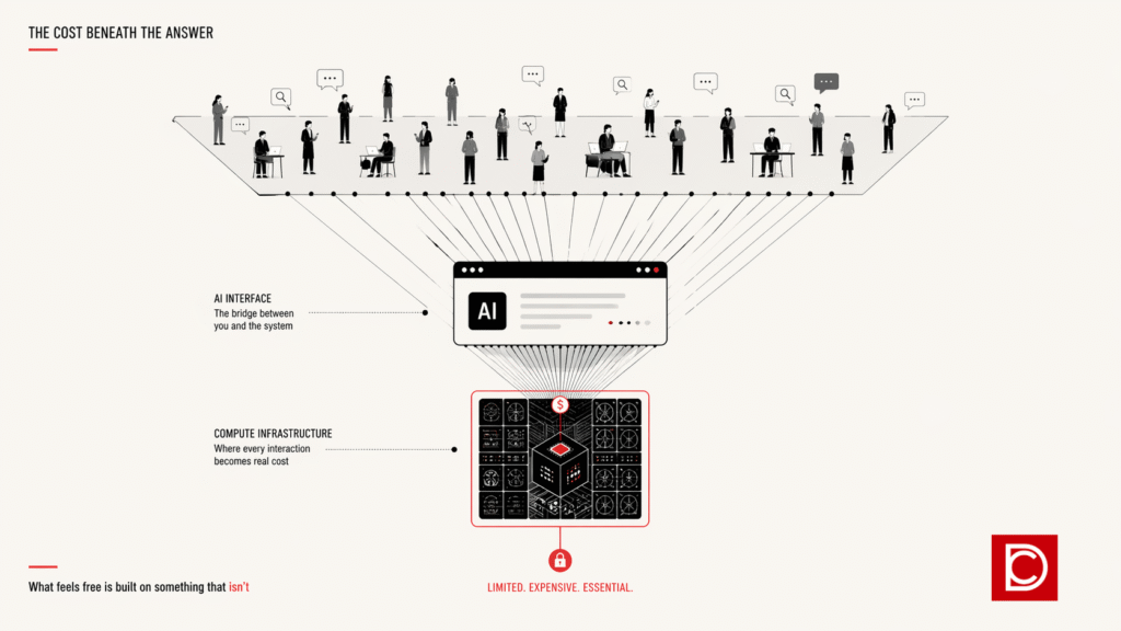 Minimalist AI economics illustration showing users at the top and compute cost concentrated at the bottom in an inverted triangle structure