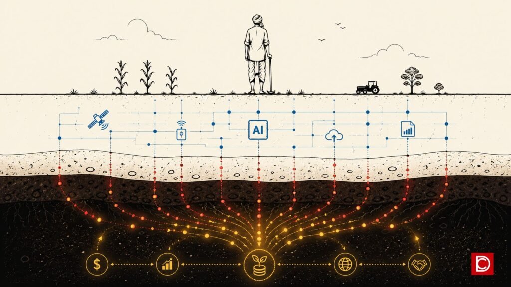 Farmer standing on farmland with underground layers showing carbon flow, AI measurement system, and value generation through agriculture
