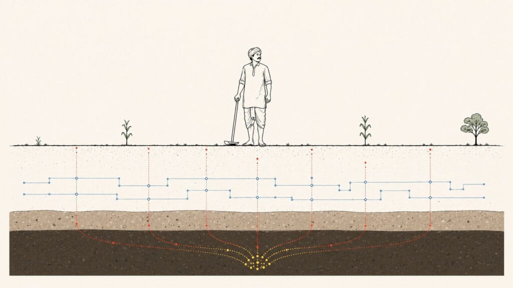 Farmer standing on farmland with layered soil below showing carbon flow, underground measurement system, and emerging environmental value