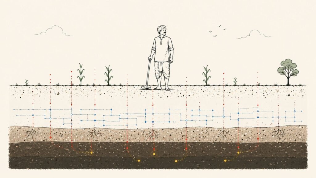 Visual cross-section of farmland showing carbon moving into soil and a hidden system measuring environmental impact