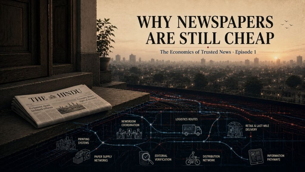 A cinematic editorial illustration showing a copy of The Hindu newspaper placed at a residential doorstep before sunrise, with invisible infrastructure systems beneath the city representing newsroom coordination, printing, logistics, verification, and information distribution networks.
