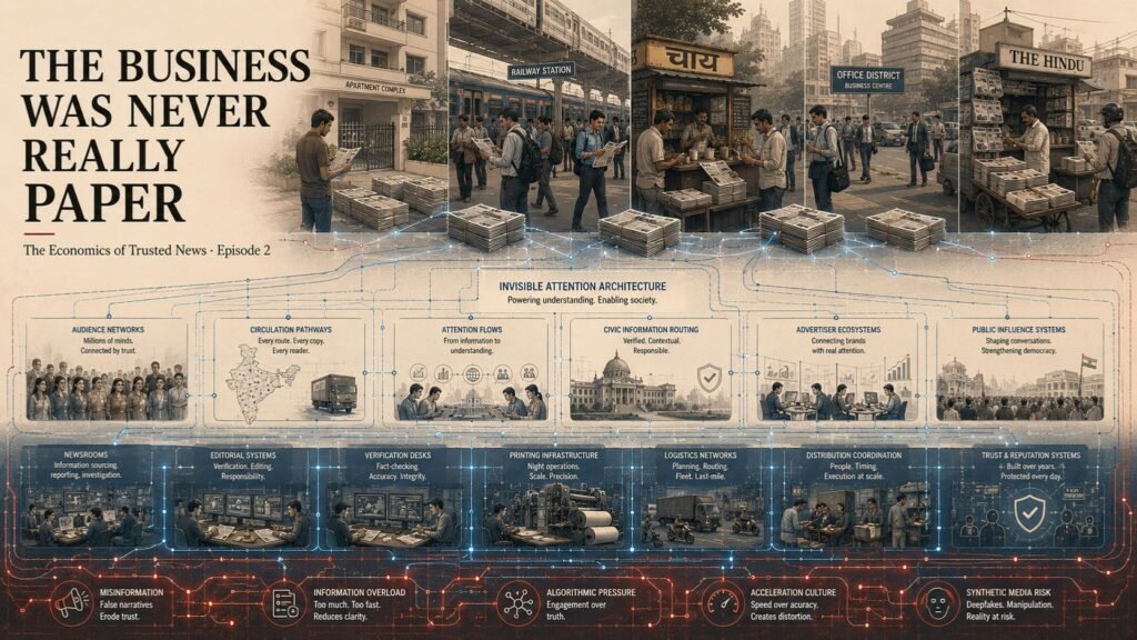 A cinematic editorial illustration showing newspapers flowing through Indian apartments, railway stations, tea shops, office districts, and roadside vendors while invisible attention infrastructure systems connect audience networks, circulation pathways, advertiser ecosystems, and civic information routing.