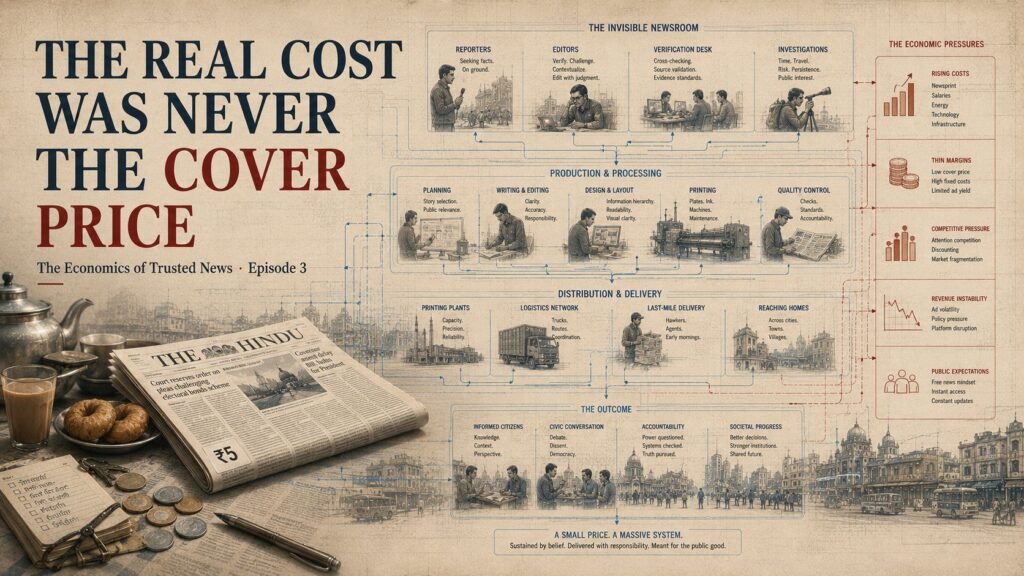 A cinematic editorial illustration showing a ₹5 copy of The Hindu newspaper beside tea, breakfast snacks, coins, and household objects while invisible newsroom infrastructure systems including reporters, editors, printing operations, logistics, and verification pipelines emerge in the background.
