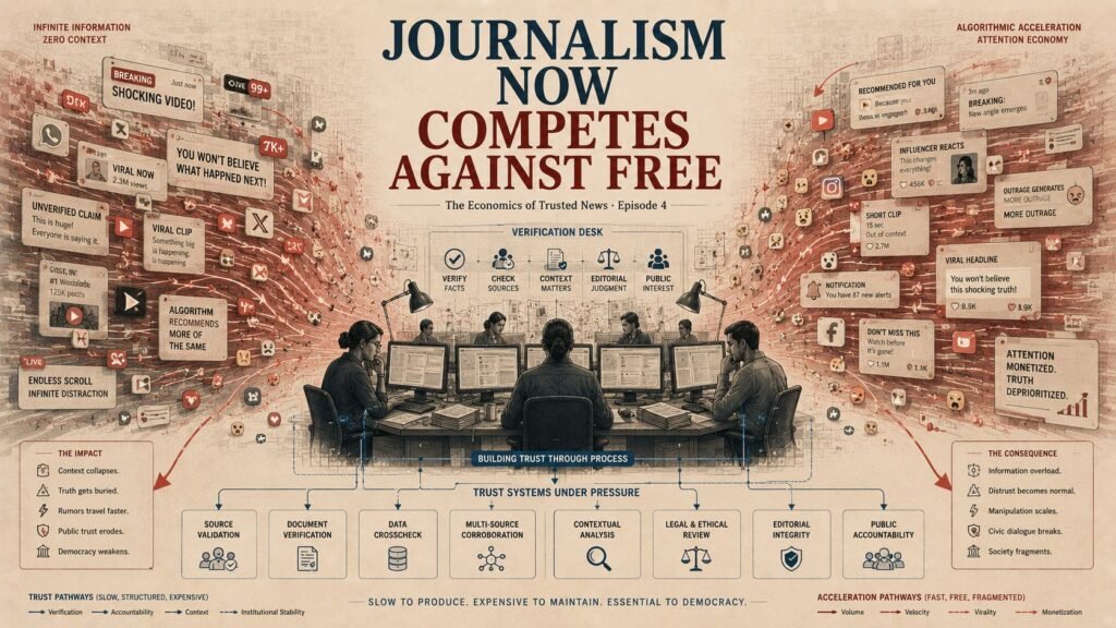 A cinematic institutional editorial illustration showing journalists at a newsroom verification desk overwhelmed by infinite digital information streams including notifications, viral clips, social feeds, fragmented headlines, recommendation systems, and algorithmic acceleration pathways.