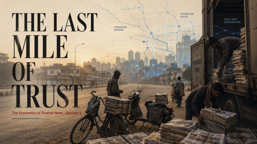 Early morning newspaper delivery workers unloading bundles of newspapers before sunrise across an Indian city while invisible civic distribution networks glow beneath the streets, symbolizing journalism’s last-mile trust infrastructure.