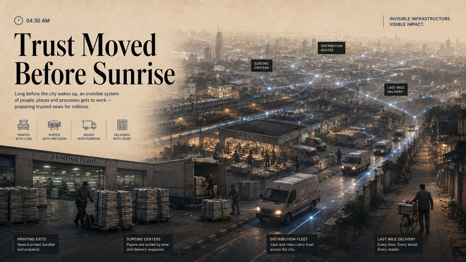 Early morning newspaper logistics before sunrise