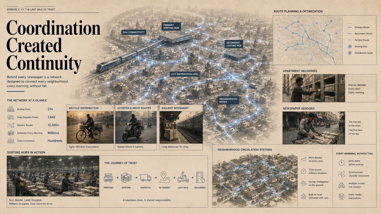 Mass newspaper delivery network across cities