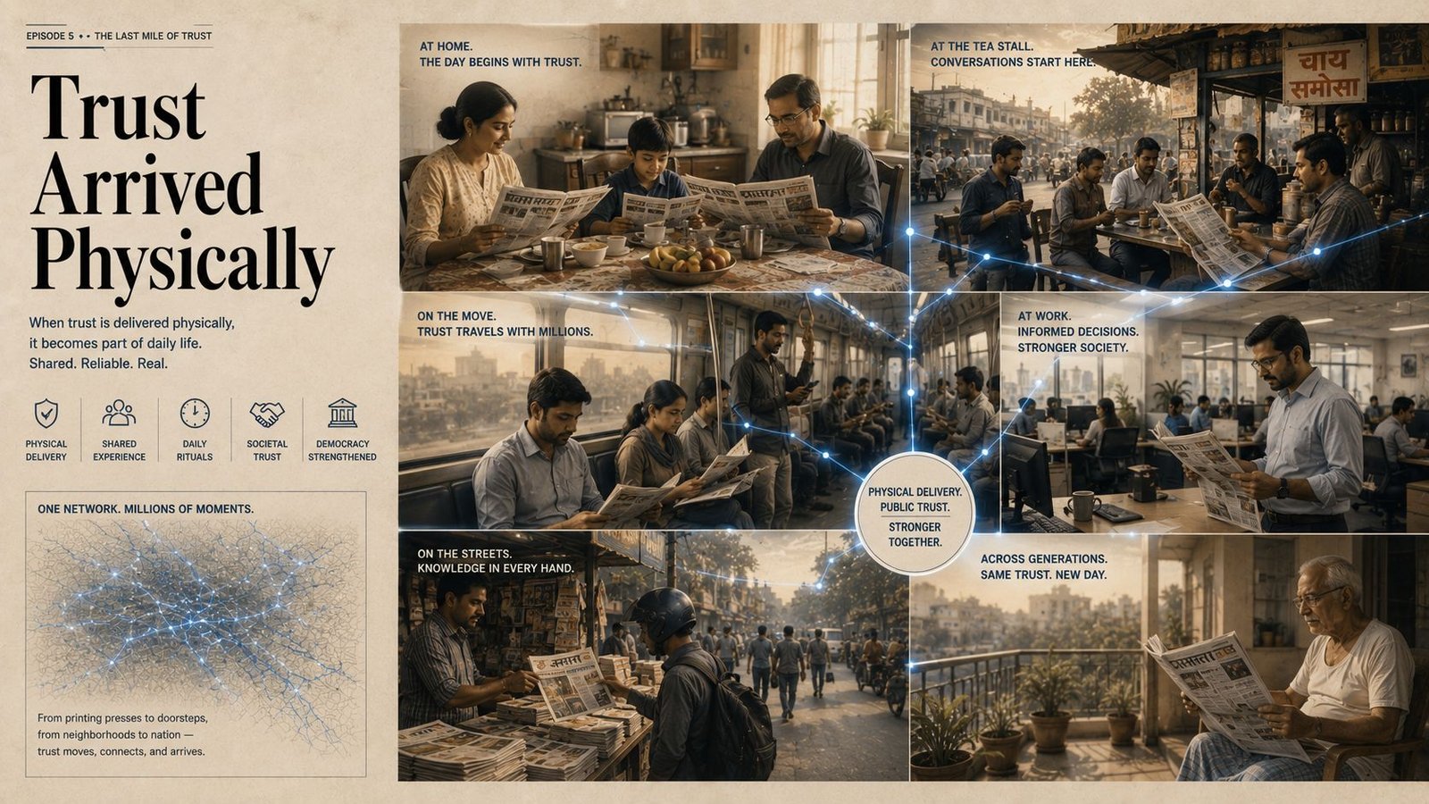 Families and citizens reading newspapers in the morning