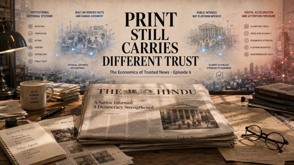 A printed copy of The Hindu newspaper resting on a wooden editorial desk surrounded by reading glasses, archival notes, and newsroom documents while subtle blue institutional trust pathways glow softly in the background.