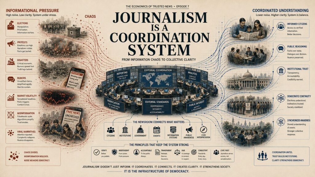 A large institutional newsroom functioning as the central coordination system of society, connecting citizens, governments, public awareness, and civic interpretation while balancing informational chaos and collective understanding.