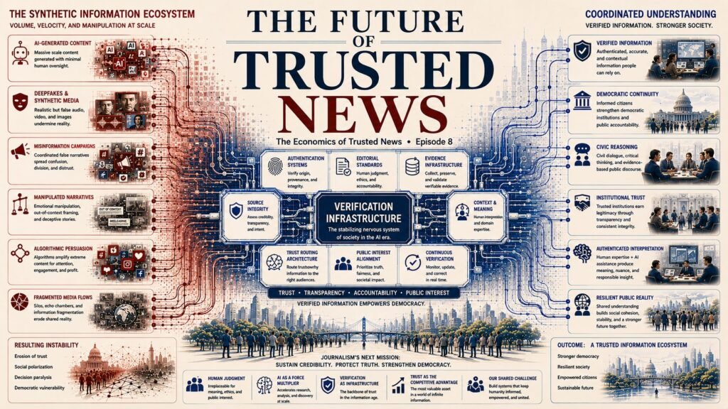 A large-scale institutional visualization showing verification infrastructure stabilizing AI-generated misinformation, deepfakes, synthetic media, and fragmented information flows while supporting democratic coordination and trusted public understanding.