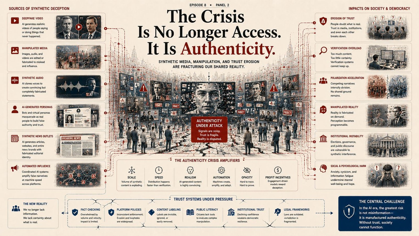 Synthetic media and trust erosion systems